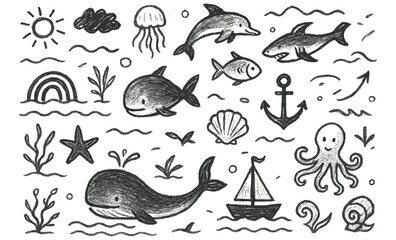 Ocean Creatures and Nautical Elements Sketch Set