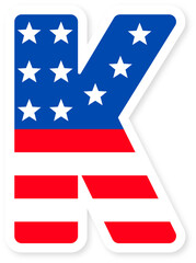 Patriotic usa flag Letter K Icon. Bold American Flag Design with Stars and Stripes, Ideal for National Holidays, Celebrations, and US themed Projects. American Flag or usa flag K Letter alphabet.