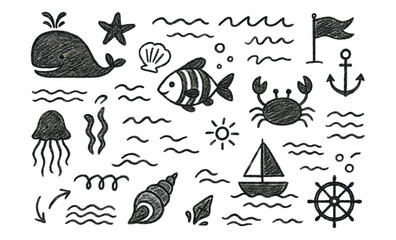 Sea Life Icons with Waves and Shells Crayon Style