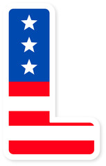 Patriotic usa flag Letter L Icon. Bold American Flag Design with Stars and Stripes, Ideal for National Holidays, Celebrations, and US themed Projects. American Flag or usa flag L Letter alphabet.