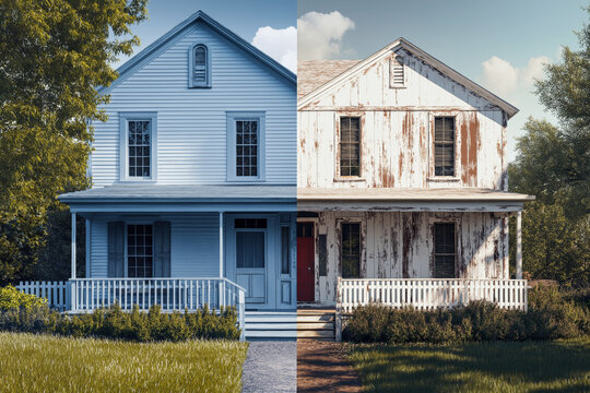 A before-and-after split image of an old house transforming into a modern home with just a single paint stroke.