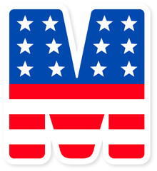 Patriotic usa flag Letter M Icon. Bold American Flag Design with Stars and Stripes, Ideal for National Holidays, Celebrations, and US themed Projects. American Flag or usa flag M Letter alphabet.