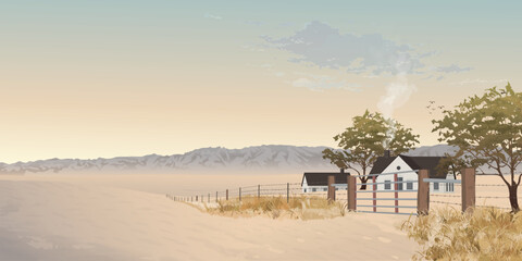 Country house in farmland in autumn have  mountain ranges far away and vanilla sky background graphic illustration.