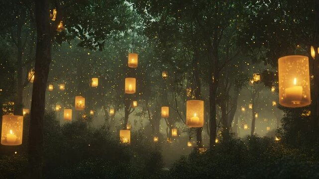 Enchanted forest path lit by lanterns
