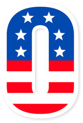 Patriotic usa flag Letter O or 0 Icon. Bold American Flag Design with Stars and Stripes, Ideal for National Holidays, Celebrations, and US themed Projects. American Flag or usa flag o or 0 Letter.