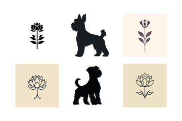 Miniature schnauzer and flower silhouettes set
