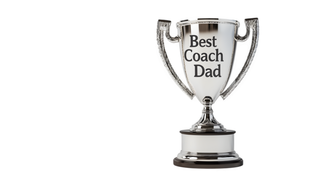 Photorealistic image of a silver sports trophy with "Best Coach Dad" engraved