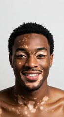 Close up portrait of a smiling man with vitiligo against a plain white background looking at the camera