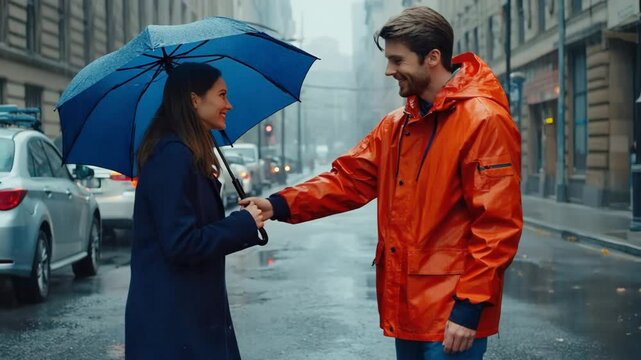 Man and Woman in Rainy Street Scene, Sharing an Umbrella with Copy Space
