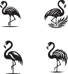 Black-and-White Stylized Flamingo Illustrations in Various Poses