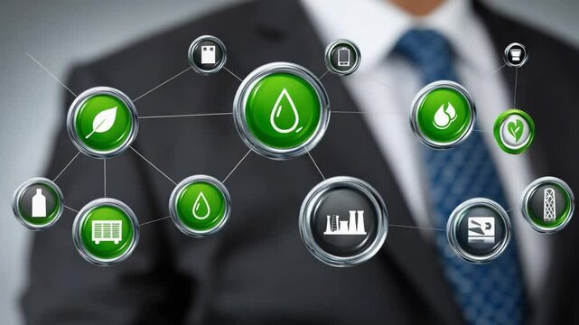 Eco-Business Executive: A sharply dressed business executive gestures towards an intricate network of interconnected eco-friendly icons.