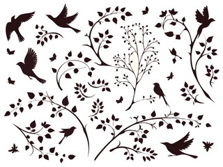 Seamless black vector floral pattern with butterflies, birds, and leaves, a nature-inspired design illustration