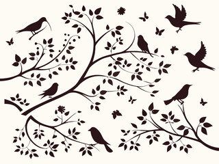 Seamless vector pattern with flying bird silhouettes and floral elements, a wild nature illustration set