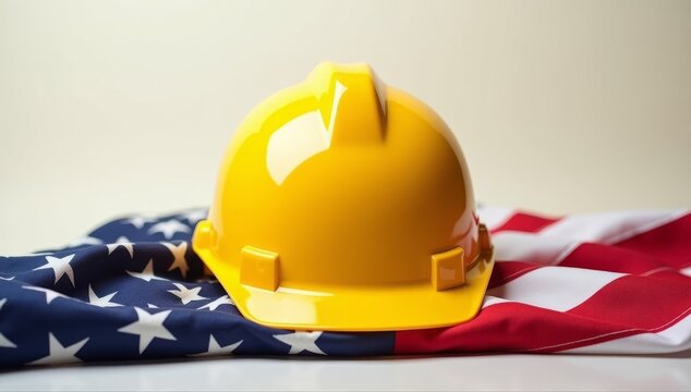 Yellow construction hard hat on american flag representing labor day patriotism and workforce, Labor Day, 1 September 