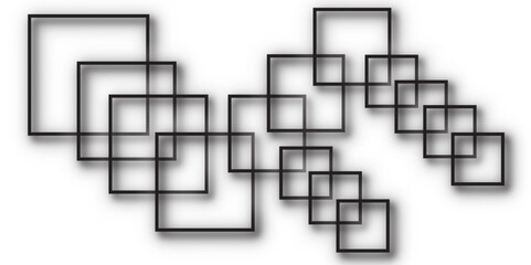  An abstract composition of overlapping dark gray square outlines of varying sizes, randomly arranged and appearing to float with subtle drop shadows on a bright white background, creating a dynamic 
