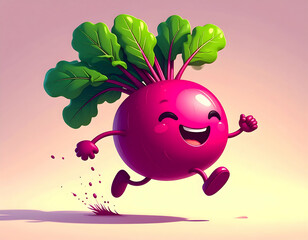 Obraz premium Happy Beetroot Cartoon: A cheerful beetroot cartoon character bounds across a vibrant backdrop, embodying the spirit of wellness and vitality, it is a fun, fresh.