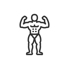 Bodybuilder icon. Muscular man flexing arms. strength, gym or fitness competition. Editable stroke.