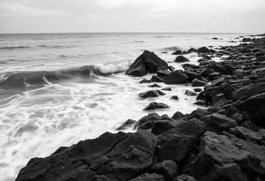 Smooth, monochrome waves caress dark, rugged rocks on a dramatic shoreline,  travel,  calm