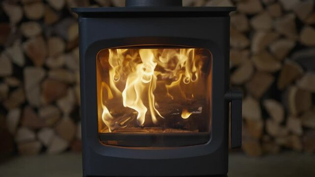 A black stove with a fire burning in it. The fire is orange and yellow. The stove is surrounded by wood