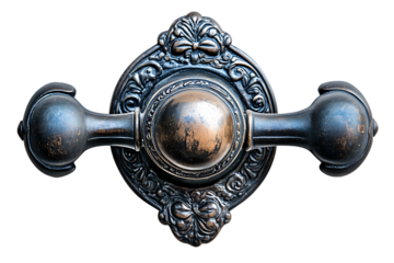 Close-up of an ornate bronze doorknob against transparent background