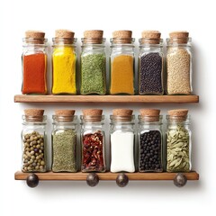 Assorted spices in glass jars with cork stoppers on wooden shelves kitchen cooking ingredients herbs