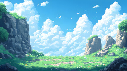 A blue sky with clouds and a green field below provide space for characters and text in this pixel art game background