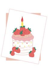Cute of Strawberry cake design, vector illustration. Summer desserts.