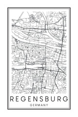 Hand drawn printable downtown road map poster of the German city of REGENSBURG on solid white background with city name