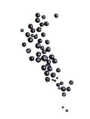 Floating blueberries on a transparent background. Dark blue berries in various sizes and positions create a dynamic, visually appealing image.