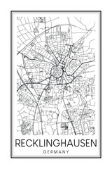 Hand drawn printable downtown road map poster of the German city of RECKLINGHAUSEN on solid white background with city name