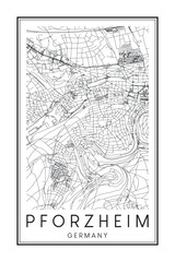 Hand drawn printable downtown road map poster of the German city of PFORZHEIM on solid white background with city name