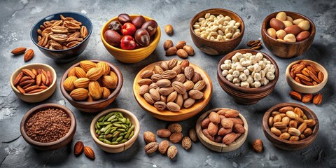 Assorted Bowls of Nuts: Almonds, Cashews, Walnuts, and Pecans Perfect for Healthy Snacking and Culinary Delights