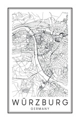Hand drawn printable downtown road map poster of the German city of WÜRZBURG on solid white background with city name