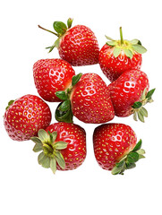 A cluster of eight ripe red strawberries, glistening with moisture, arranged on a transparent background.