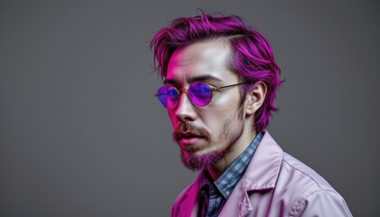 Portrait of a Stylish Man with Purple Hair and Round Glasses in a Modern Studio Setting