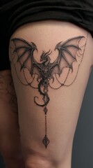 Intricate dragon tattoo on female thigh with chain design