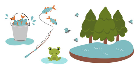 Fishing and nature scene with a frog, fish, and trees near a calm body of water during the day. Flat style vector illustration.