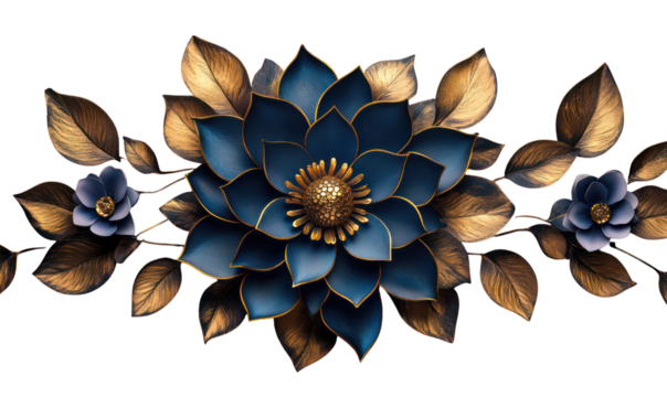 Blue gold floral decoration isolated on transparent background