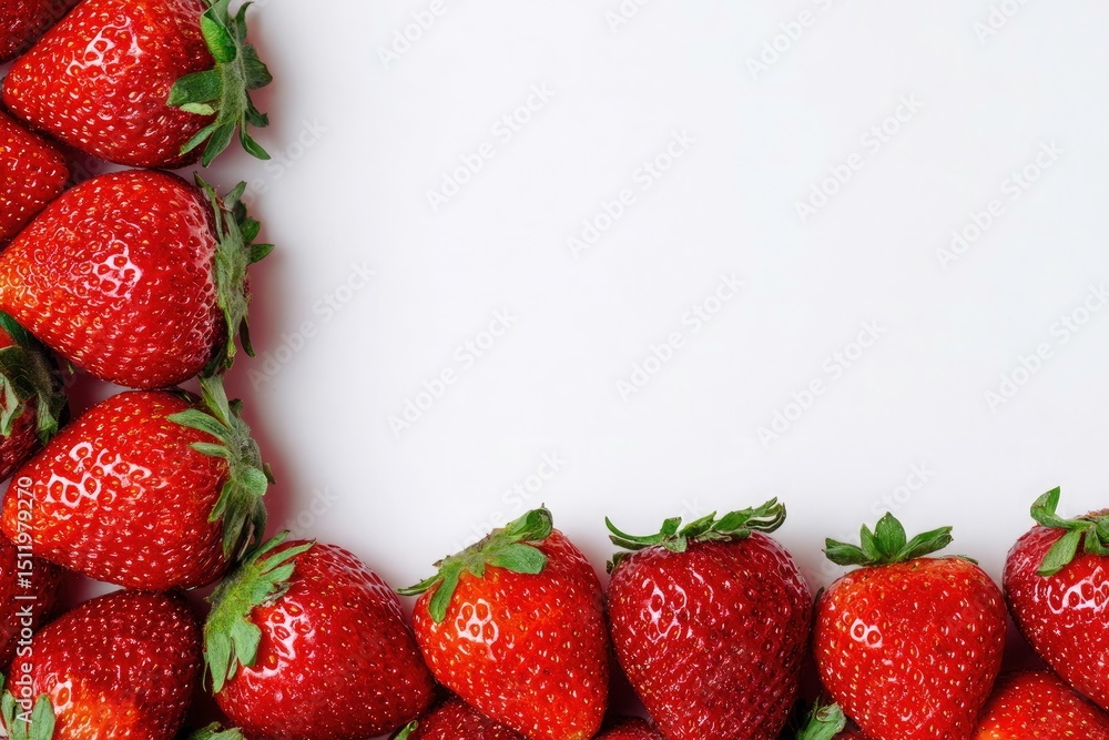 Poster fresh red strawberries arranged as a border on a white background with copy space for text and desig