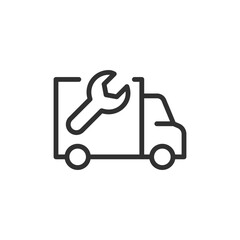 Truck repair linear icon. Depicts service, maintenance, transport repair, or roadside assistance. Editable stroke.