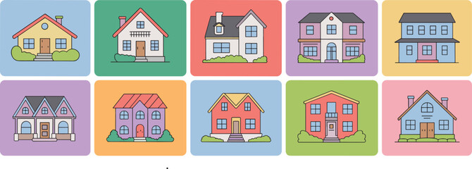 Modern House Vector Set: Colorful Real Estate Illustrations for Architecture, Home Design, and Construction Concepts - High-Quality Stock Image flat vector illustration