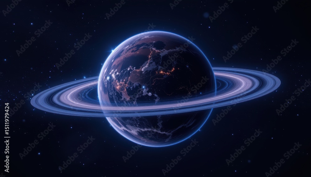 Wall mural glowing planet surrounded by rings floating in a dark cosmic space filled with stars