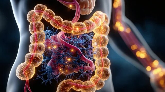 Human Gut Microbiome: A detailed 3D illustration of the human gut microbiome, showcasing the intricate network of bacteria and their interactions within the digestive system.