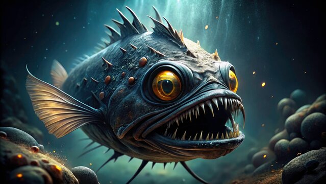 Captivating Close-Up of a Black Sea Devil Fish with Sharp Teeth and Glowing Eyes in Stunning Panoramic Photography