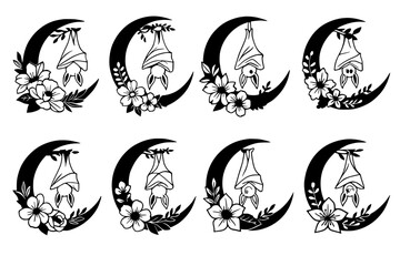 Cute Bat Hanging on Crescent Moon with Floral Ornament – Vector Silhouette Set"