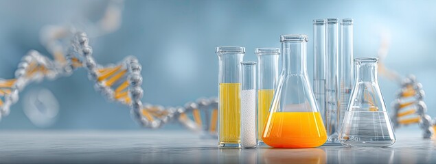 Laboratory Glassware with Colorful Liquids and DNA Model Scientific Research and Development Concept for Biotechnology and Medicine