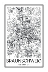 Hand drawn printable downtown road map poster of the German city of BRAUNSCHWEIG on solid white background with city name