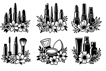 Makeup and Cosmetic Vector Set with Floral Decorations – Black and White Illustration"
