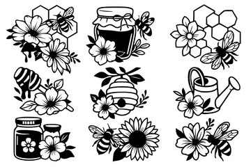 Bee and Honey Floral Vector Set – Black and White Nature Illustrations"
