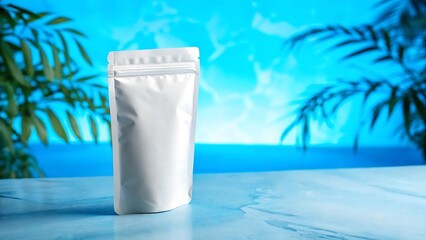 Blank white packaging pouch on a beachy surface with a bright blue backdrop and palm leaves for product mockup
